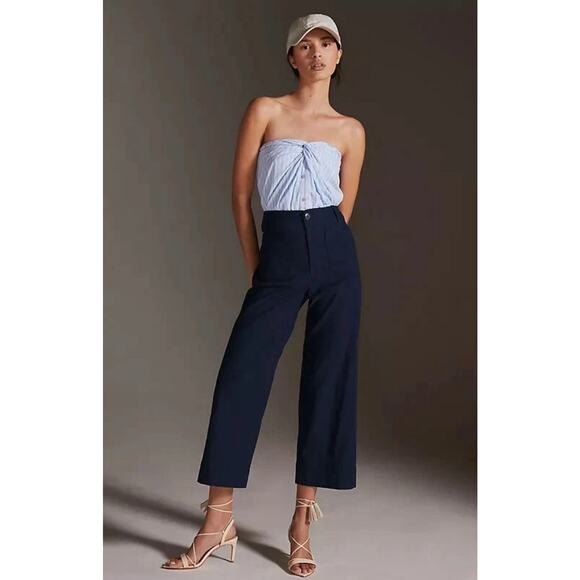 Anthropologie Maeve Colette Linen Cropped Wide-Leg Pants Navy, Size 27 - Picture 1 of 5